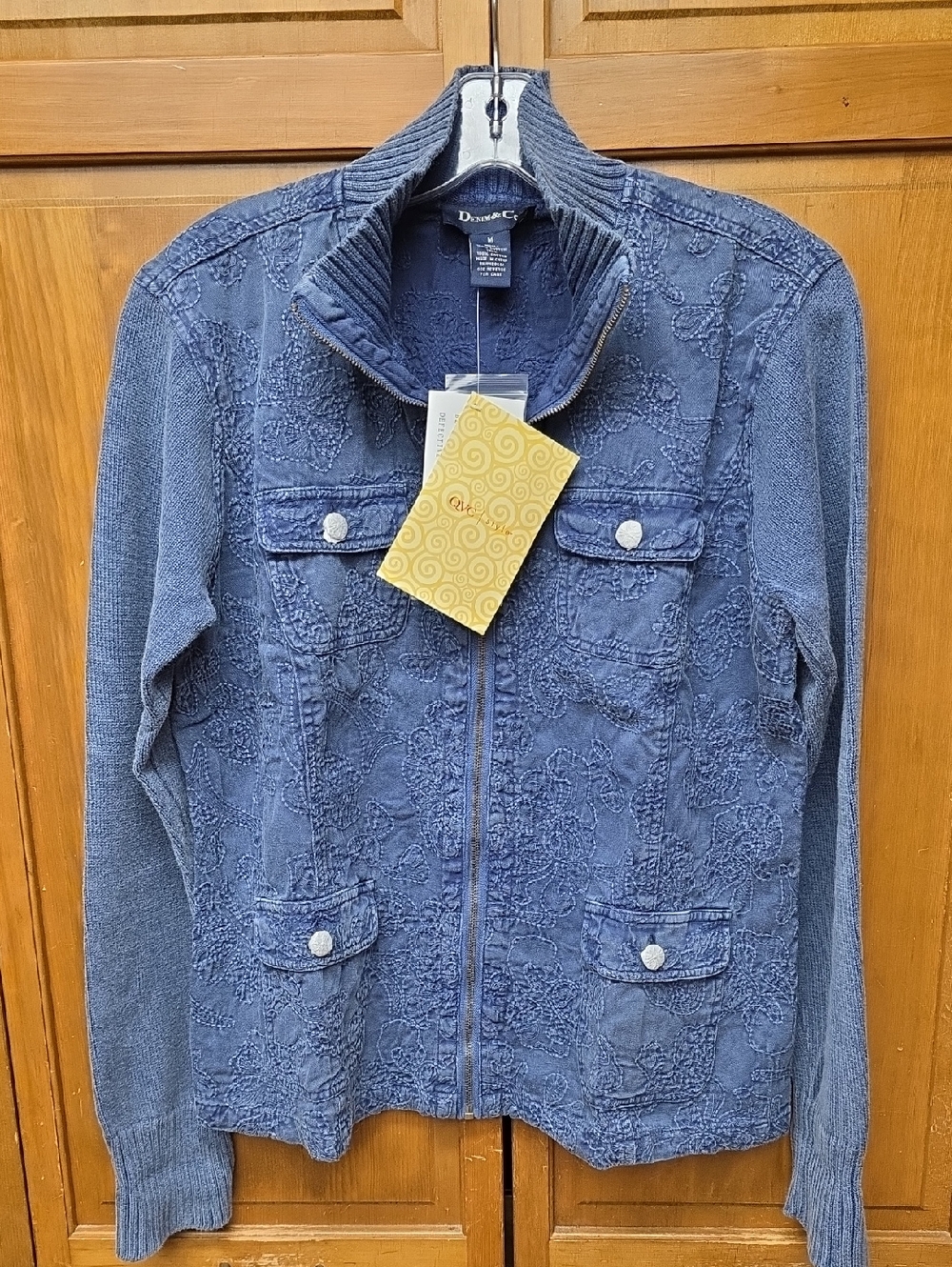 NEW Denim & Co Blue Embroidered Zip Front Jacket Sweater Knit Sleeves NWT Size M